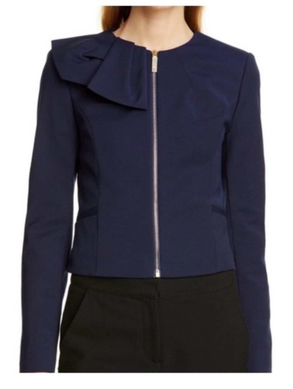Ted Baker Navy Ruffle Zip Front Jacket - Picture 2 of 9